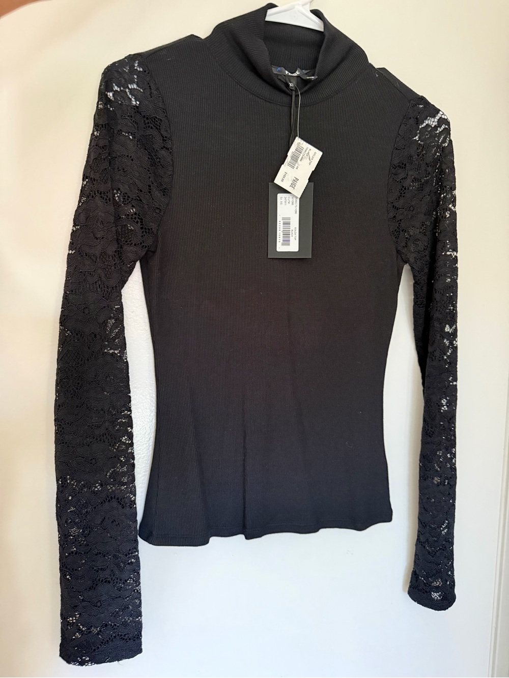NWT* PAIGE Black XS Lace-Sleeve Turtleneck Long Sleeve Top